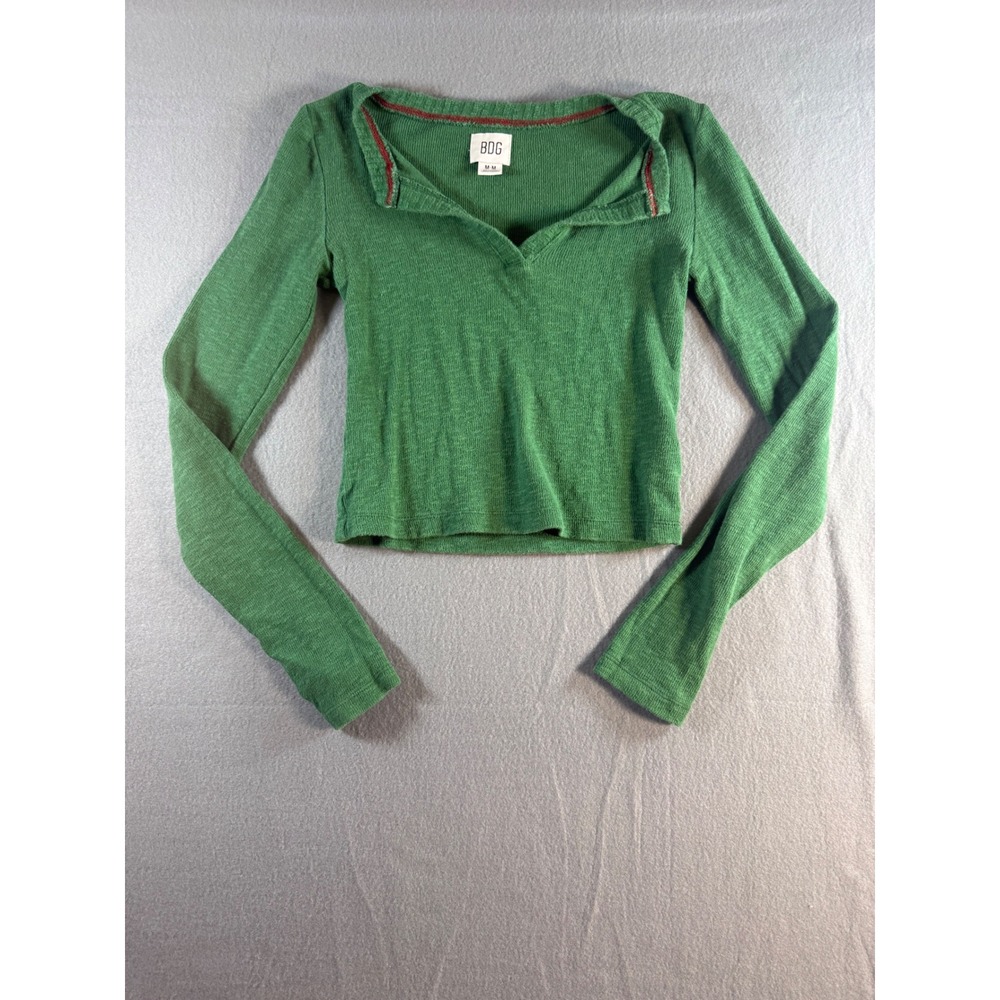 BDG Urban Outfitters Green Ribbed Long Sleeve Crop Top Notched Neck Medium